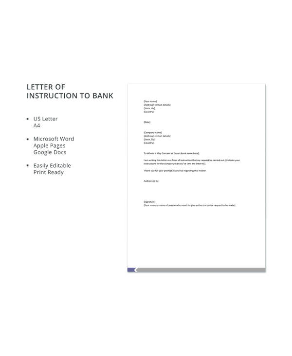 pismo z instrukcją do banku