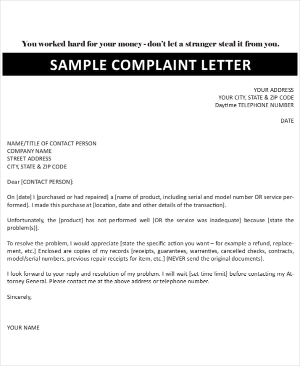 sample company complaint letter