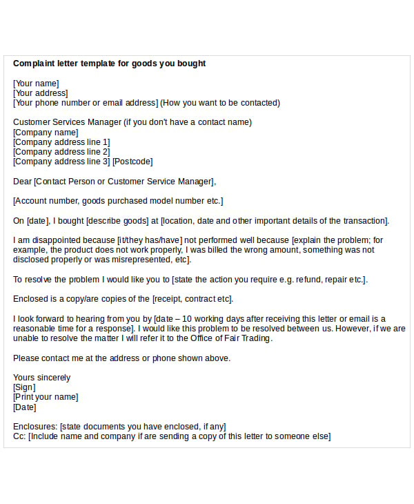 complaint letter template for goods you bought
