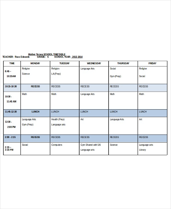 school timetable template