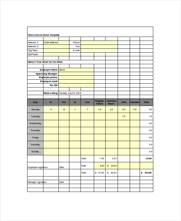 time in excel sheet sample template