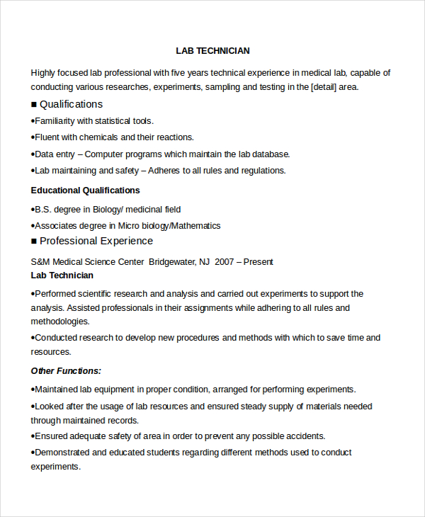 Research Technician Resume - Resume Sample (600 x 730 Pixel)