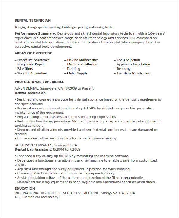 dental lab technician resume