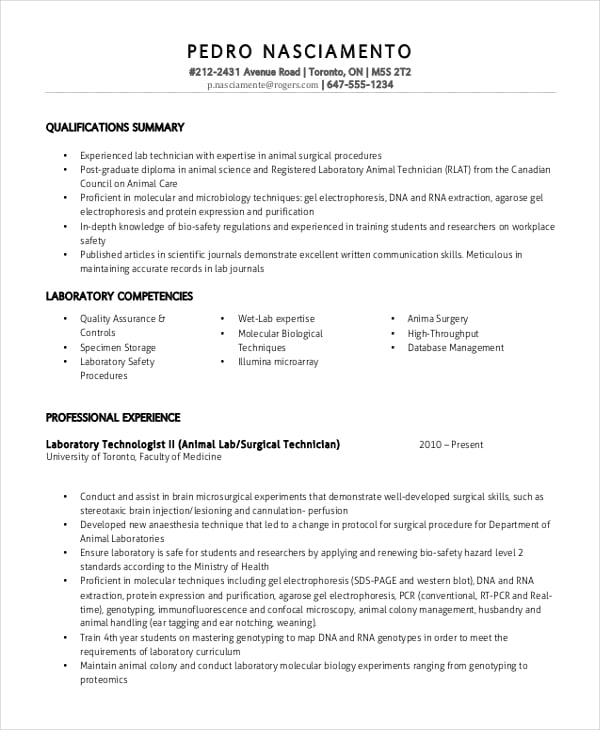 resume format for experienced lab technician