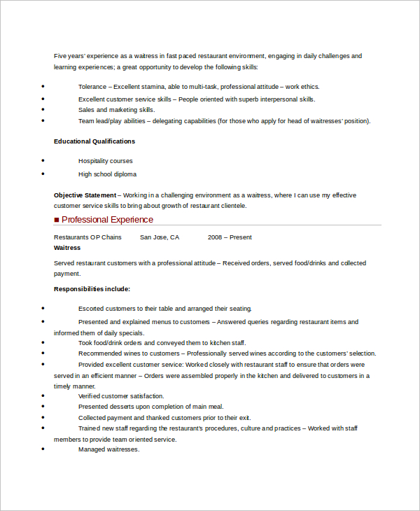 sample job description for resume hostess