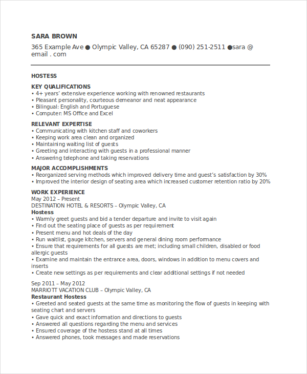 resume examples for hostess job