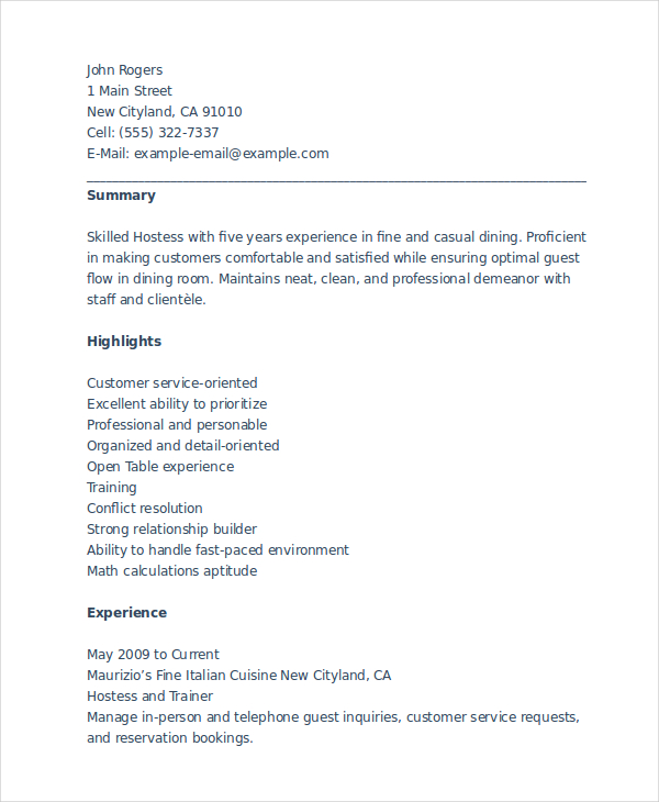 recipe hostess resume template