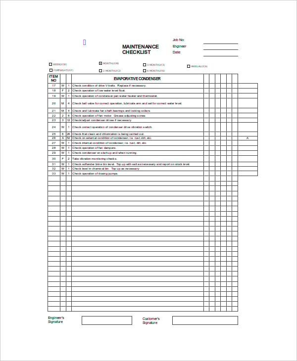 excel maintenance checklists template