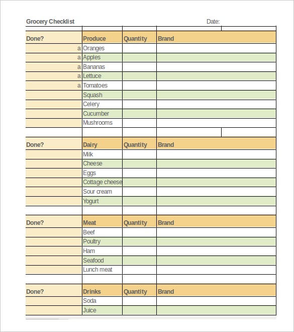 grocery shopping checklist template