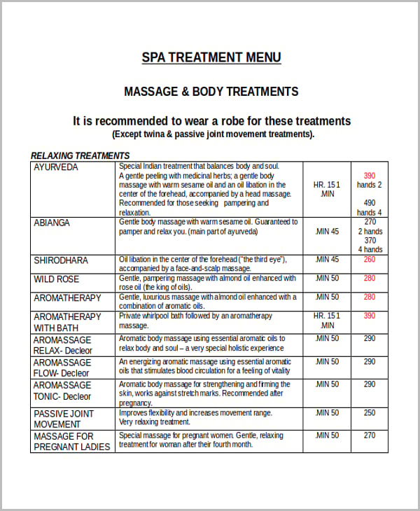spa menu template