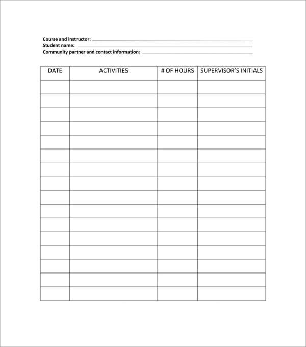 service learning time log template