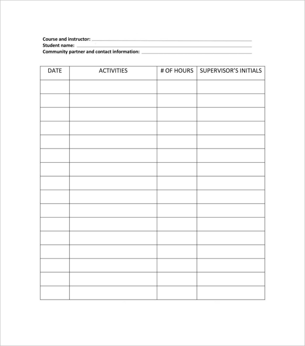 service learning time log template