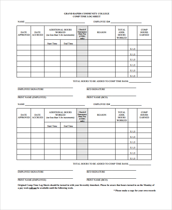 College Daily Time Log Template