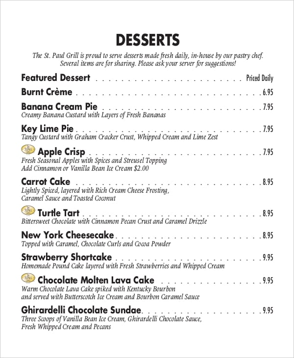 dessert menu template