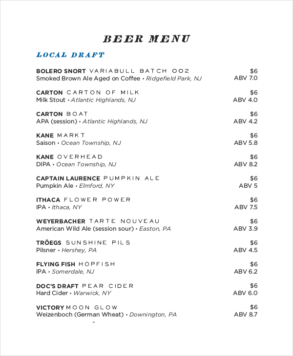 beer menu template