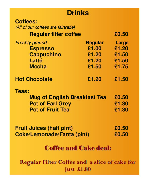 coffee menu template
