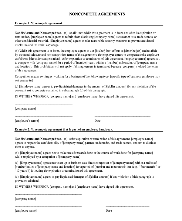 Non-Compete Agreement Form – 9+ Free Word, PDF Documents 