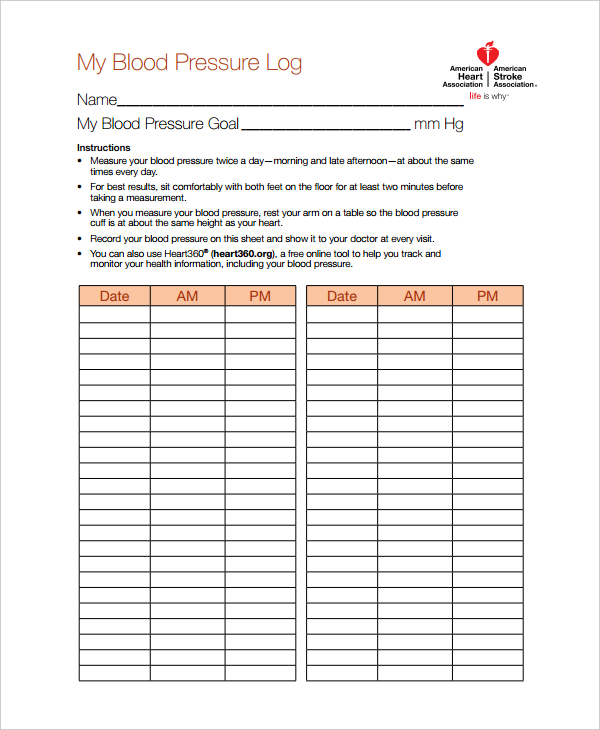 heart association blood pressure log template