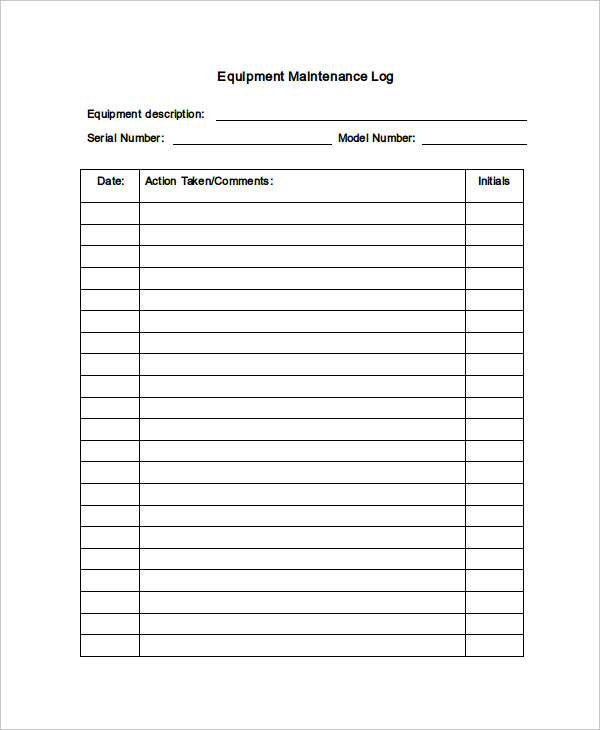 Equipment Maintenance Log Template Free Printable Templates