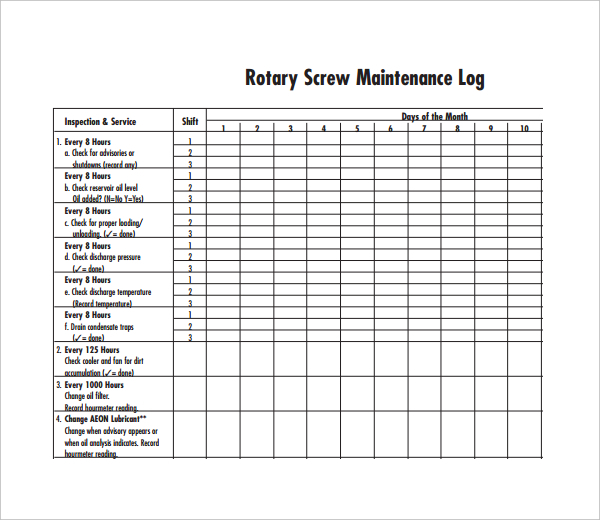 rotary screw maintenance log template