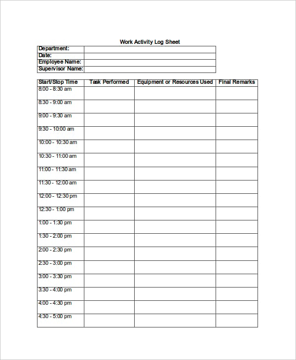 free printable work log sheets template