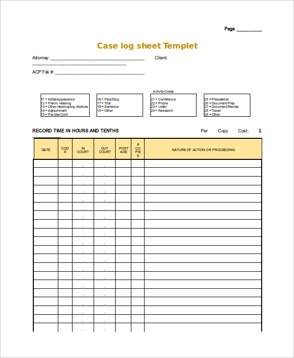 blank case log sheet template