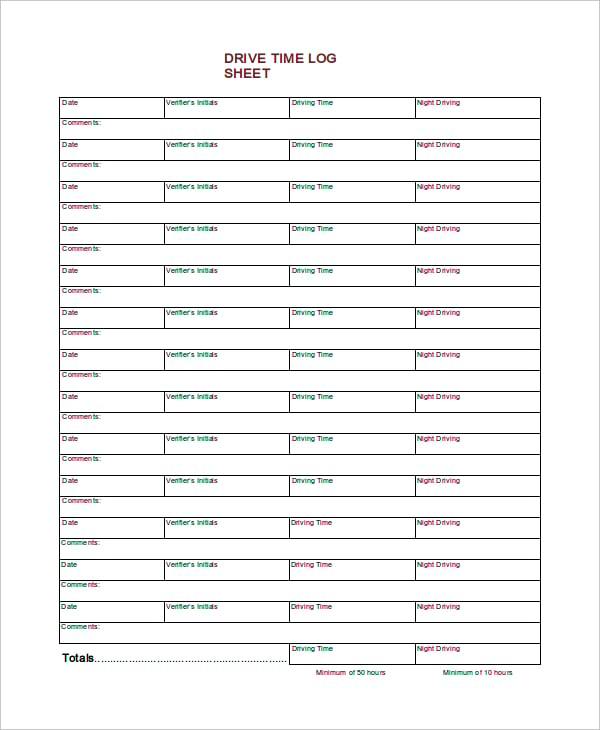drive time log sheet template download