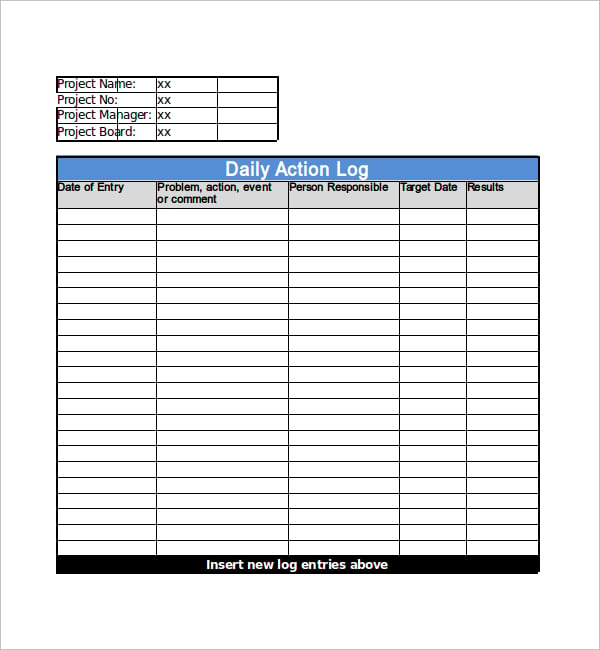 action log sheet template