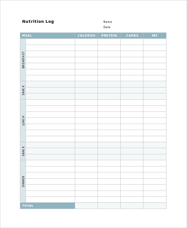 download food nutrition log template