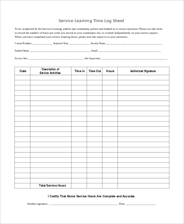 service learning time log sheet template