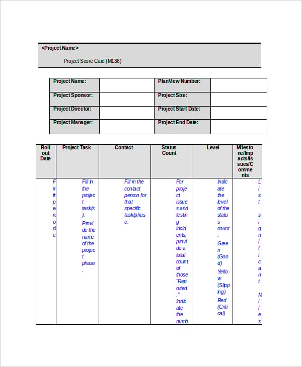 example project scorecard template