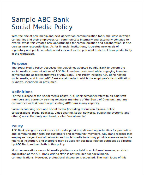 bank social media policy template