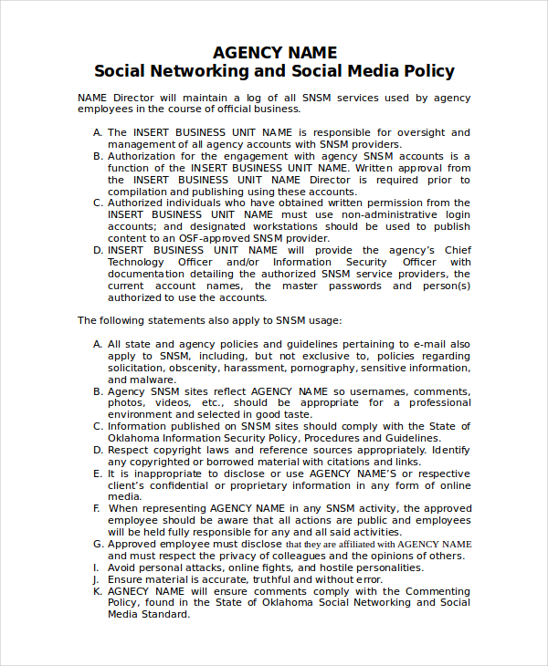 Social Media Policy Template 9+ Free Word, PDF Document Downloads