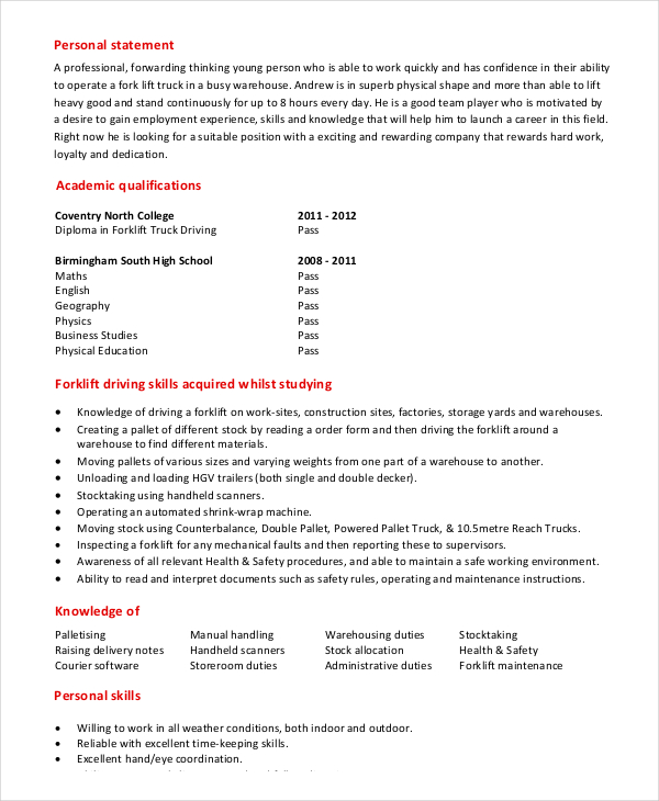 professional forklift driver resume