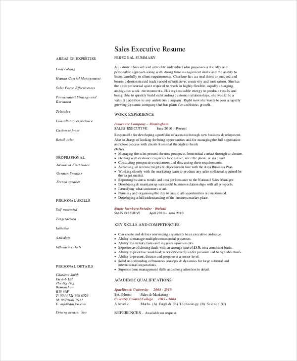 sales marketing executive resume
