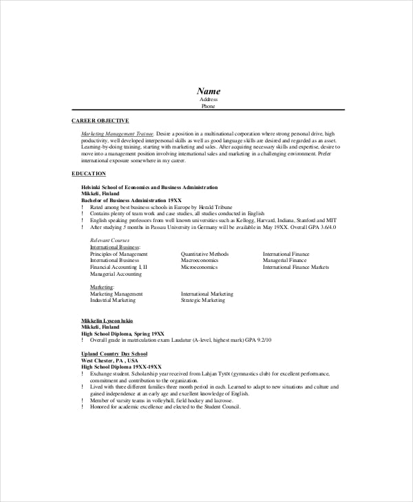 marketing management resume