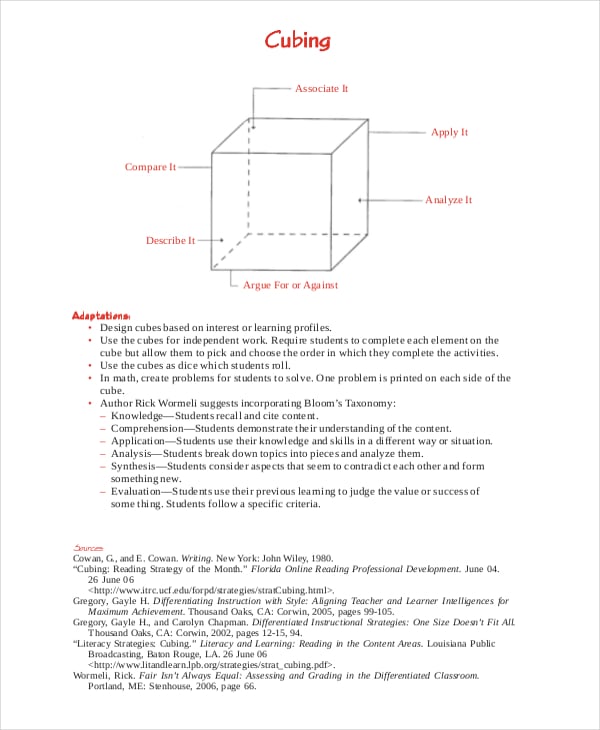 differentiated instruction cube template
