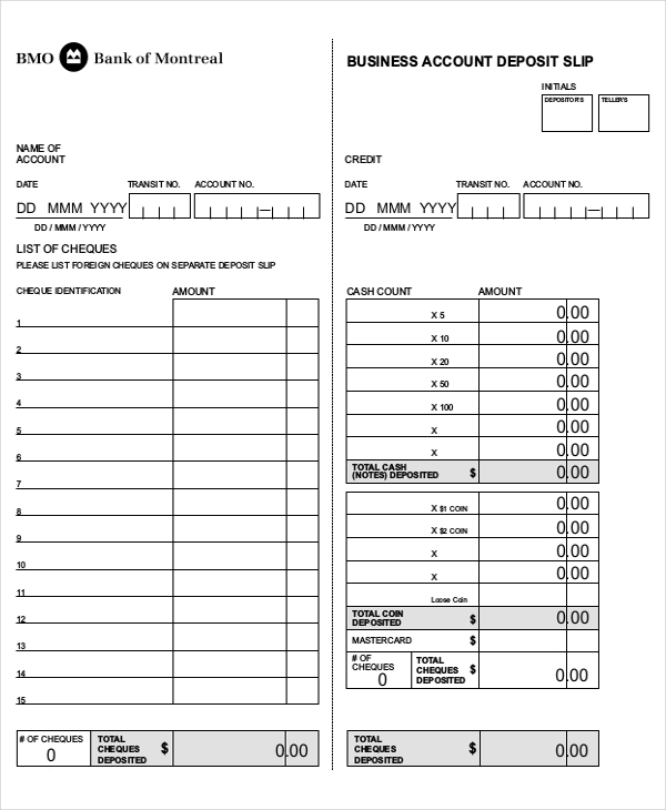 business account deposit slip template