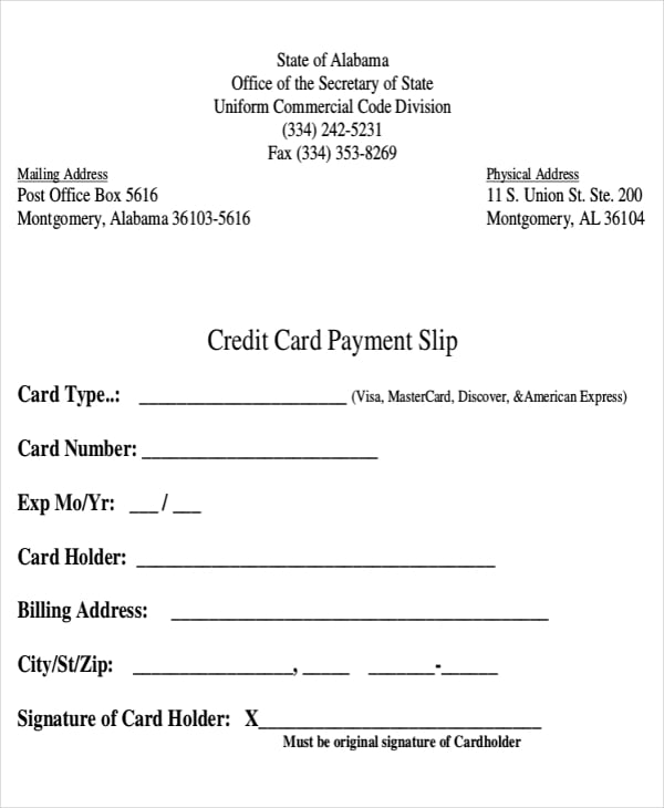credit card payment slip