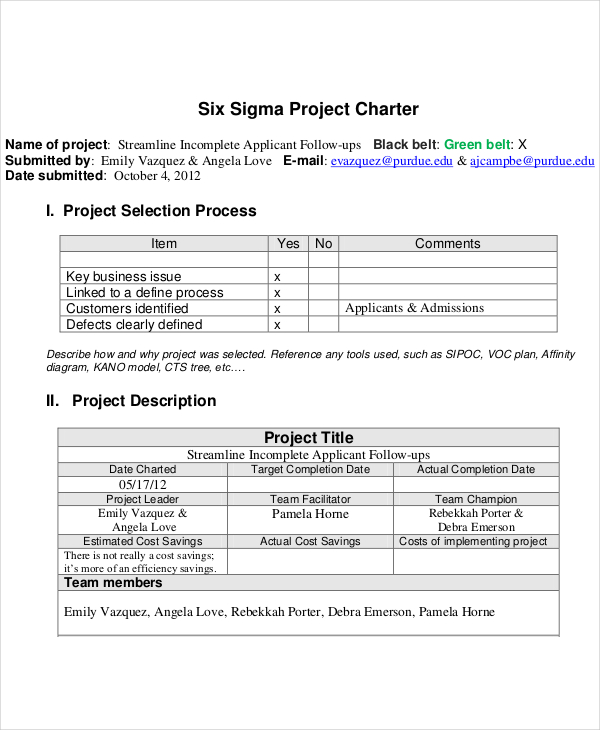 six sigma project charter template