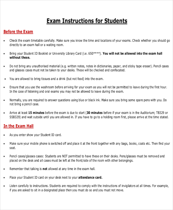 exam instruction template