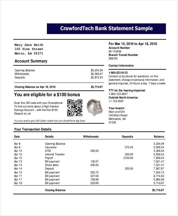 personal bank statement template