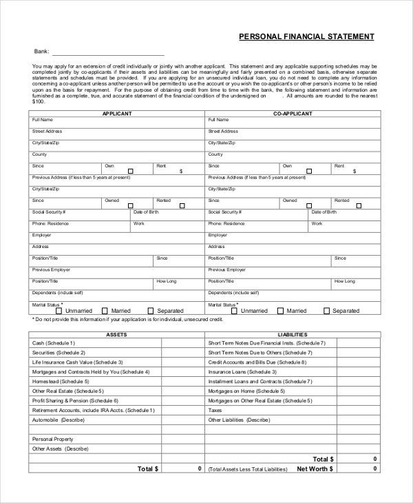 bank financial statement template