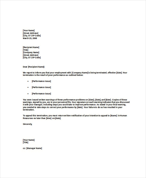 termination letter for poor performance