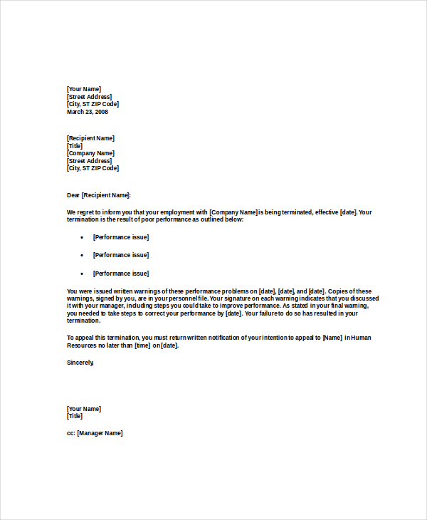 Employment Termination Letter For Poor Performance