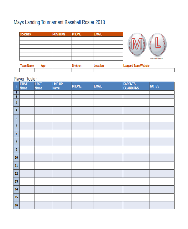 Free Printable Baseball Roster Template