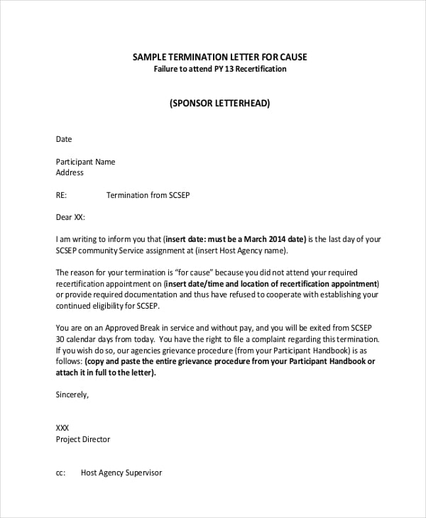termination letter for cause