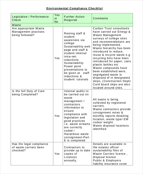 environmental compliance checklist template