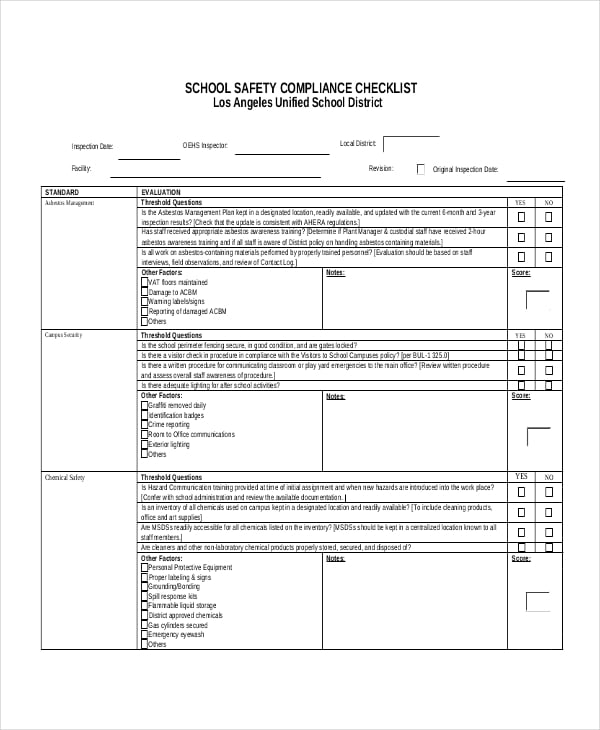 safety compliance checklist template