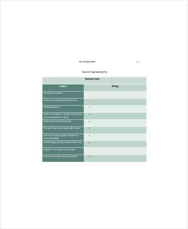 blank one page marketing plan template